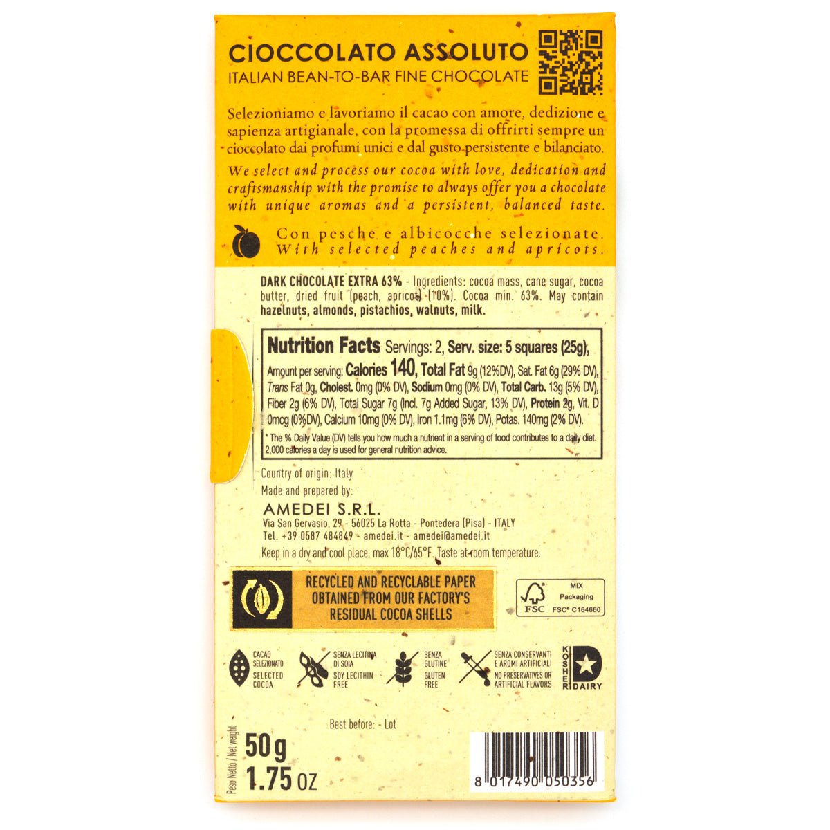 Back of Amedei chocolate bar packaging with text and nutrition facts on a white background