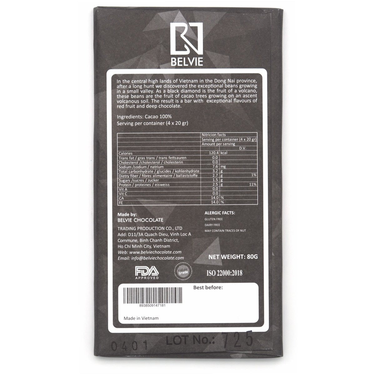 Belvie chocolate bar packaging with nutritional information and branding details.