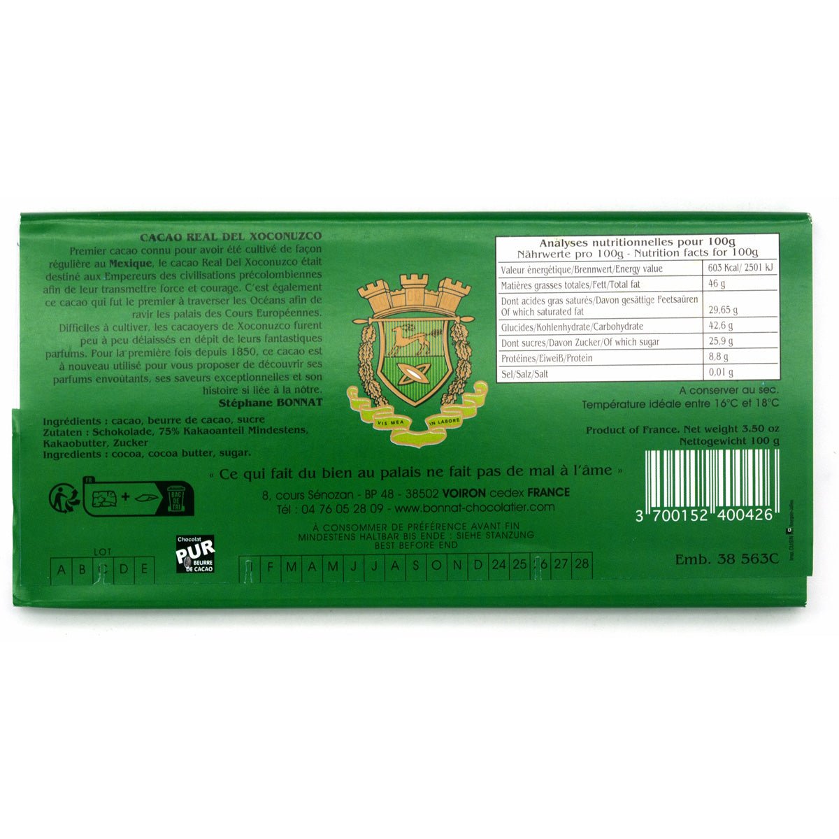 Green chocolate bar packaging with brand logo and nutritional information on a white background