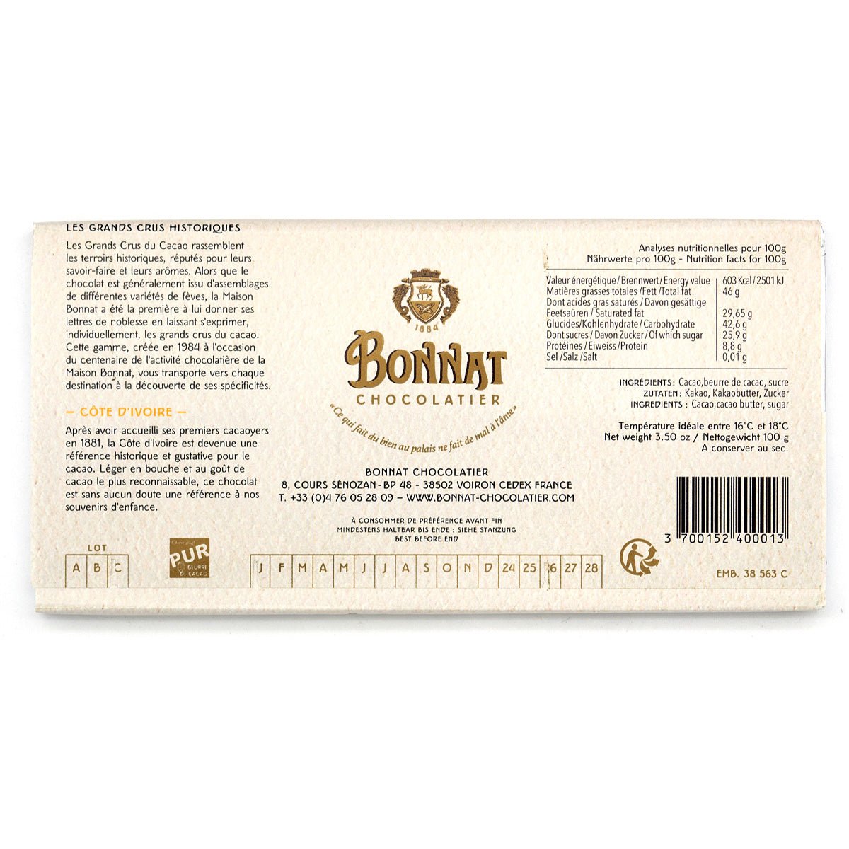 Bonnat Cote D' Ivoire 75% Single Origin Dark Chocolate Bar - 100g