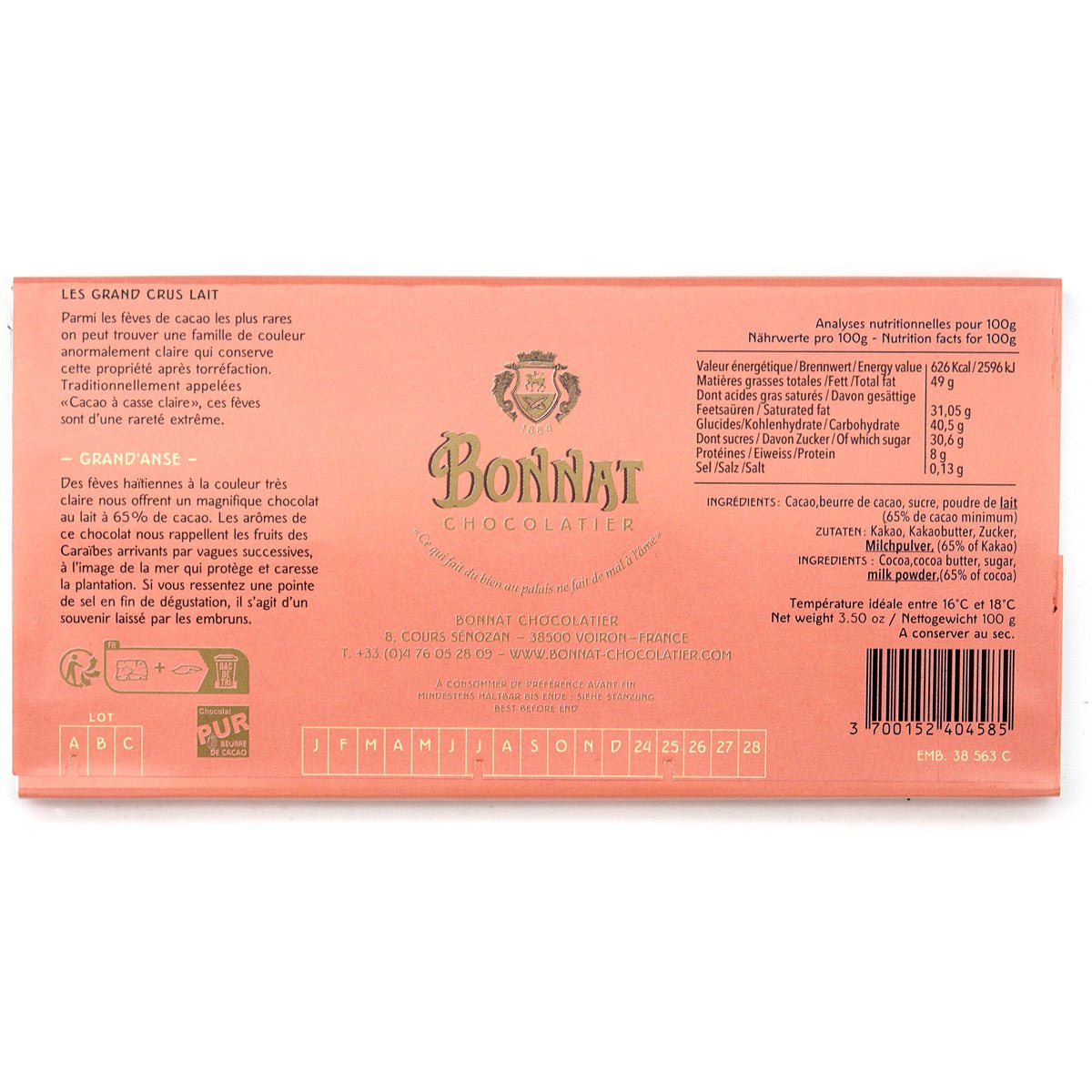 Back of a chocolate bar packaging with Bonnat Chocolatier branding on a white background