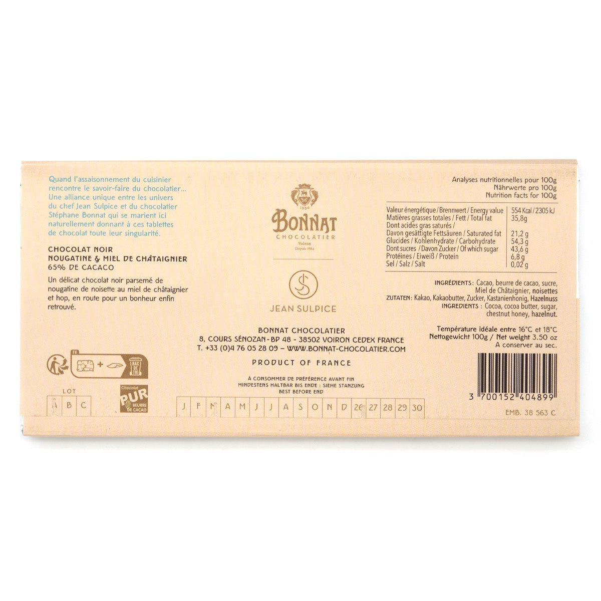 Bonnat chocolate bar packaging with text and branding on a white background