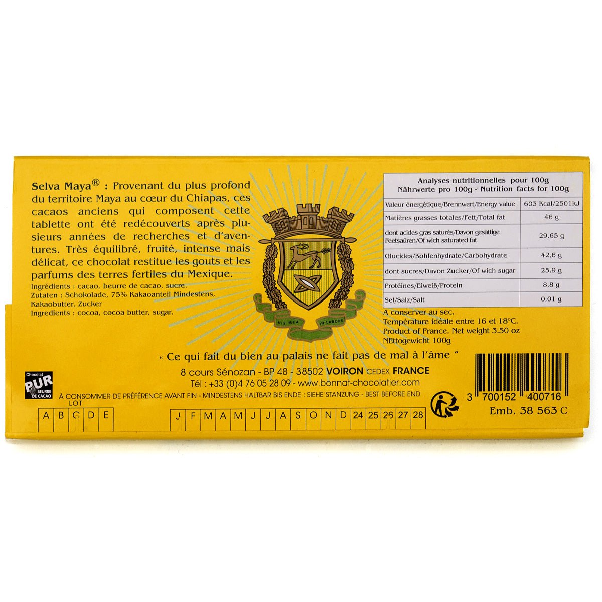 Bonnat Selva Maya 75% Single Origin Dark Chocolate Bar - 100g