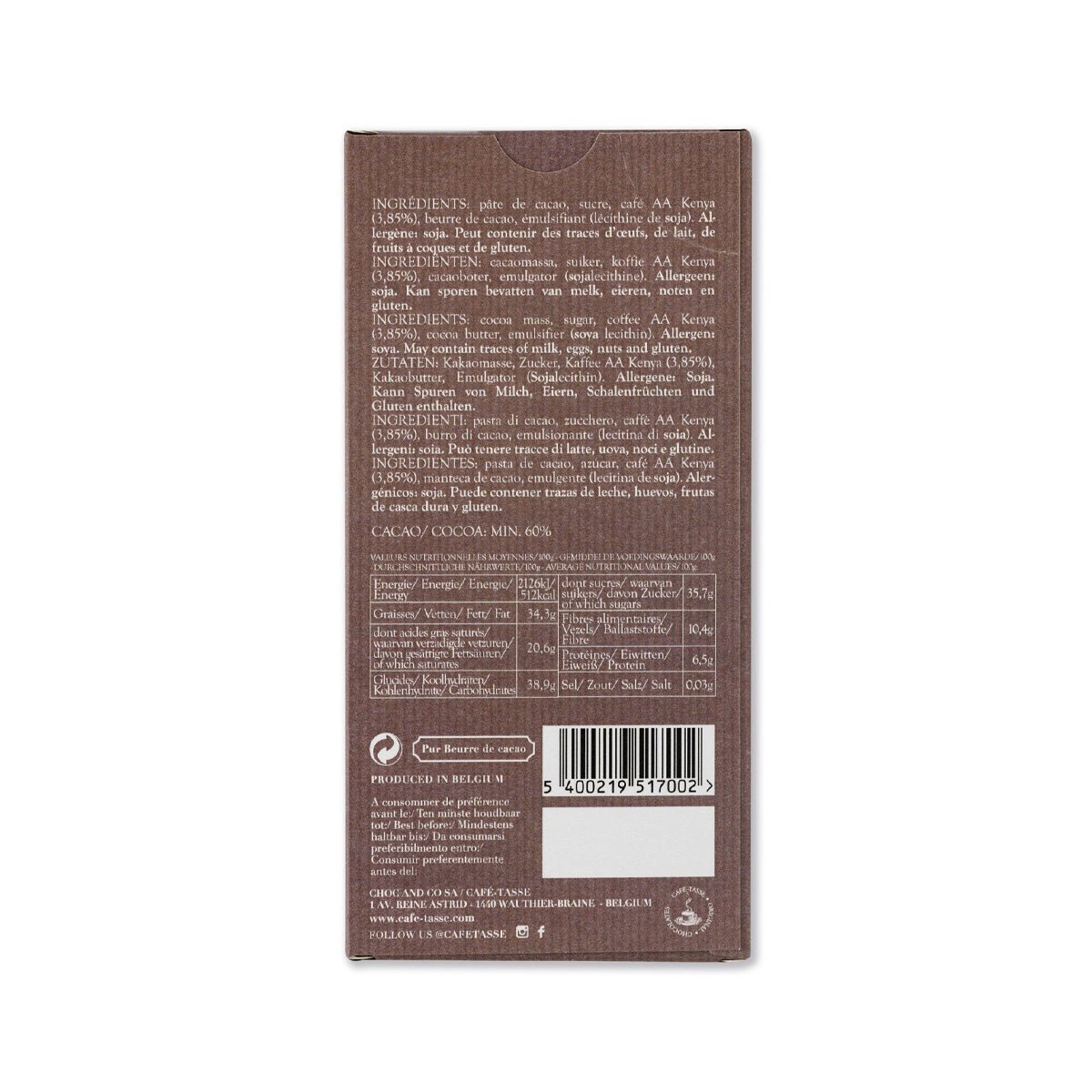 Café-Tasse Noir & Cafe du Kenya 60% Dark Chocolate & Coffee Bar - 85g