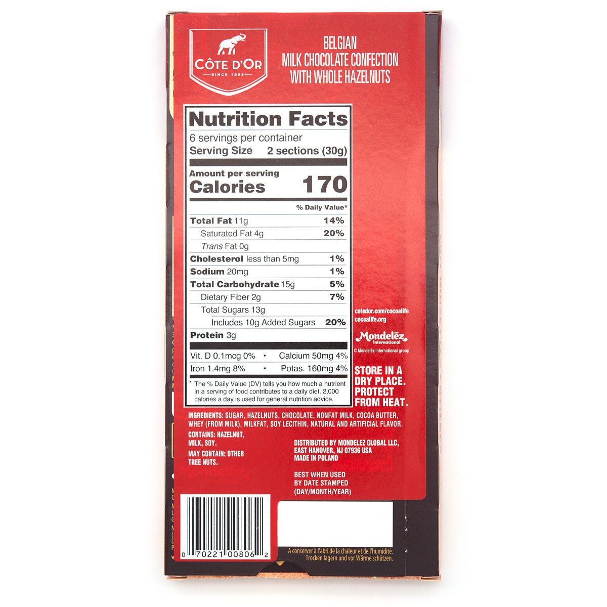 Cote d'Or Lait Noisettes 32% Milk Chocolate with Hazelnuts Bar - 180g