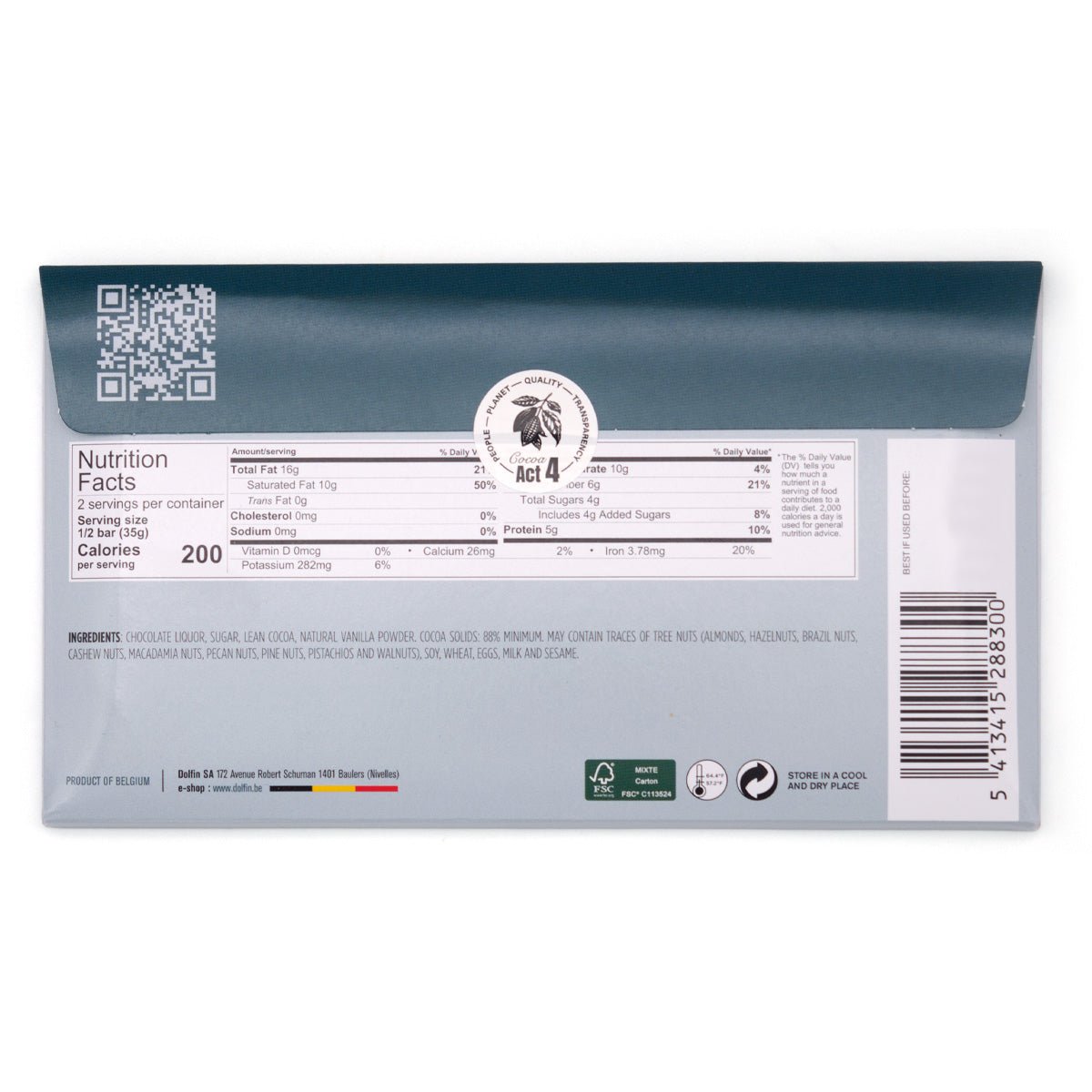 Dolfin 88% Cocoa Dark Chocolate Bar - 70g