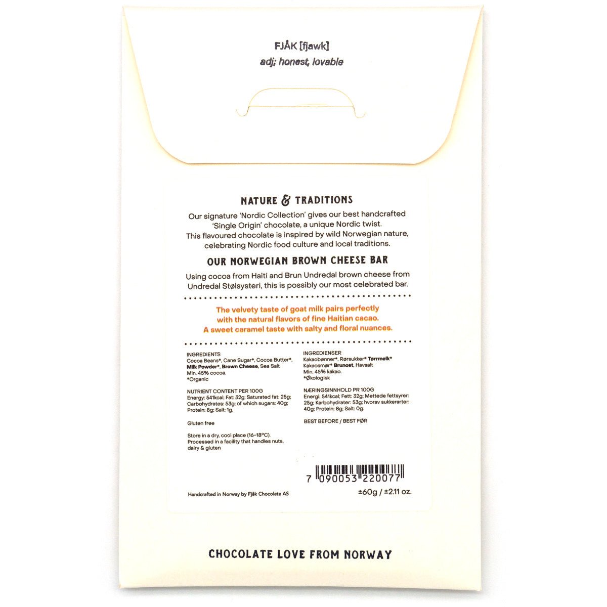 Fjak Norwegian Brown Cheese 45% Milk Chocolate Bar - 60g