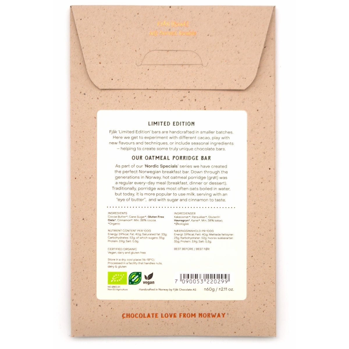 Fjak Oatmeal Porridge 38% White Chocolate Bar - 60g