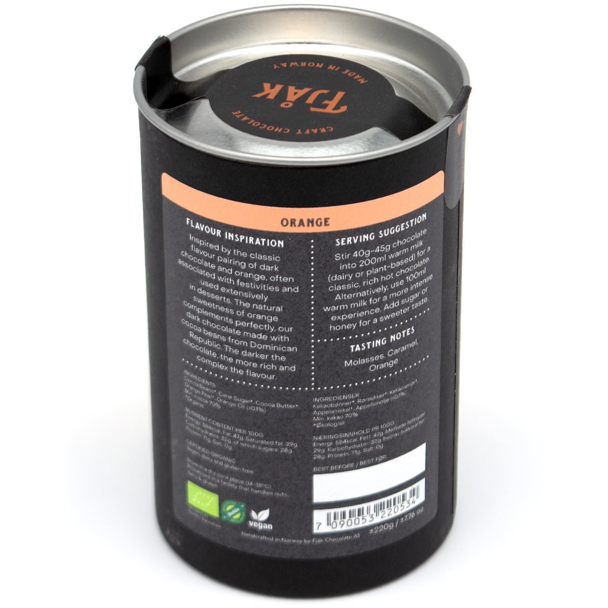 Fjak Orange 70% Single Origin Dark Drinking Chocolate Canister - 220g