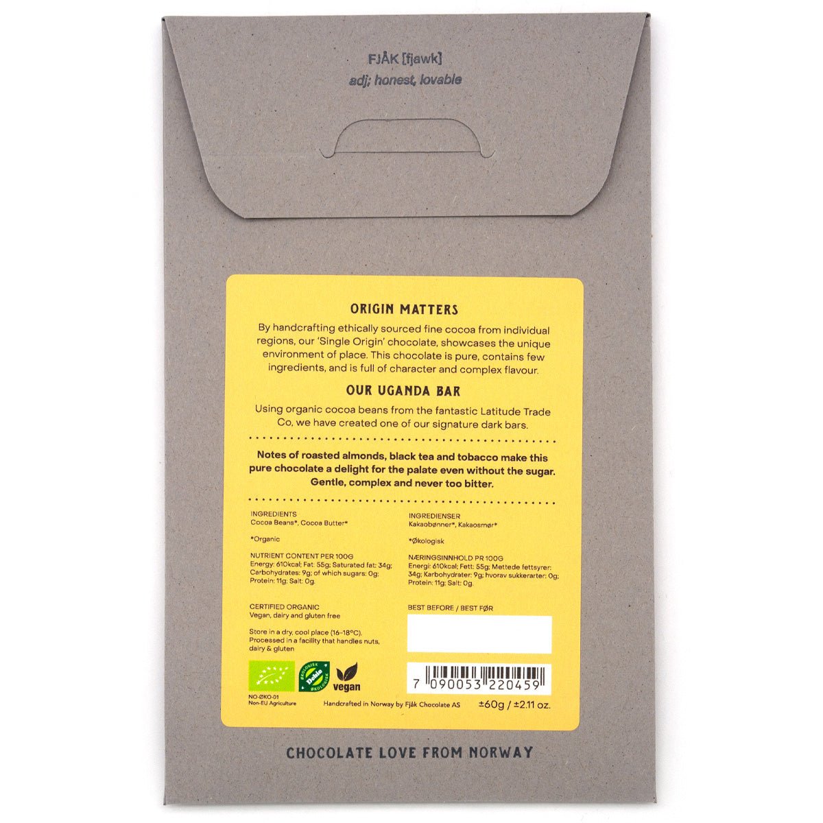 Fjak Uganda 100% Single Origin Dark Chocolate Bar - 60g