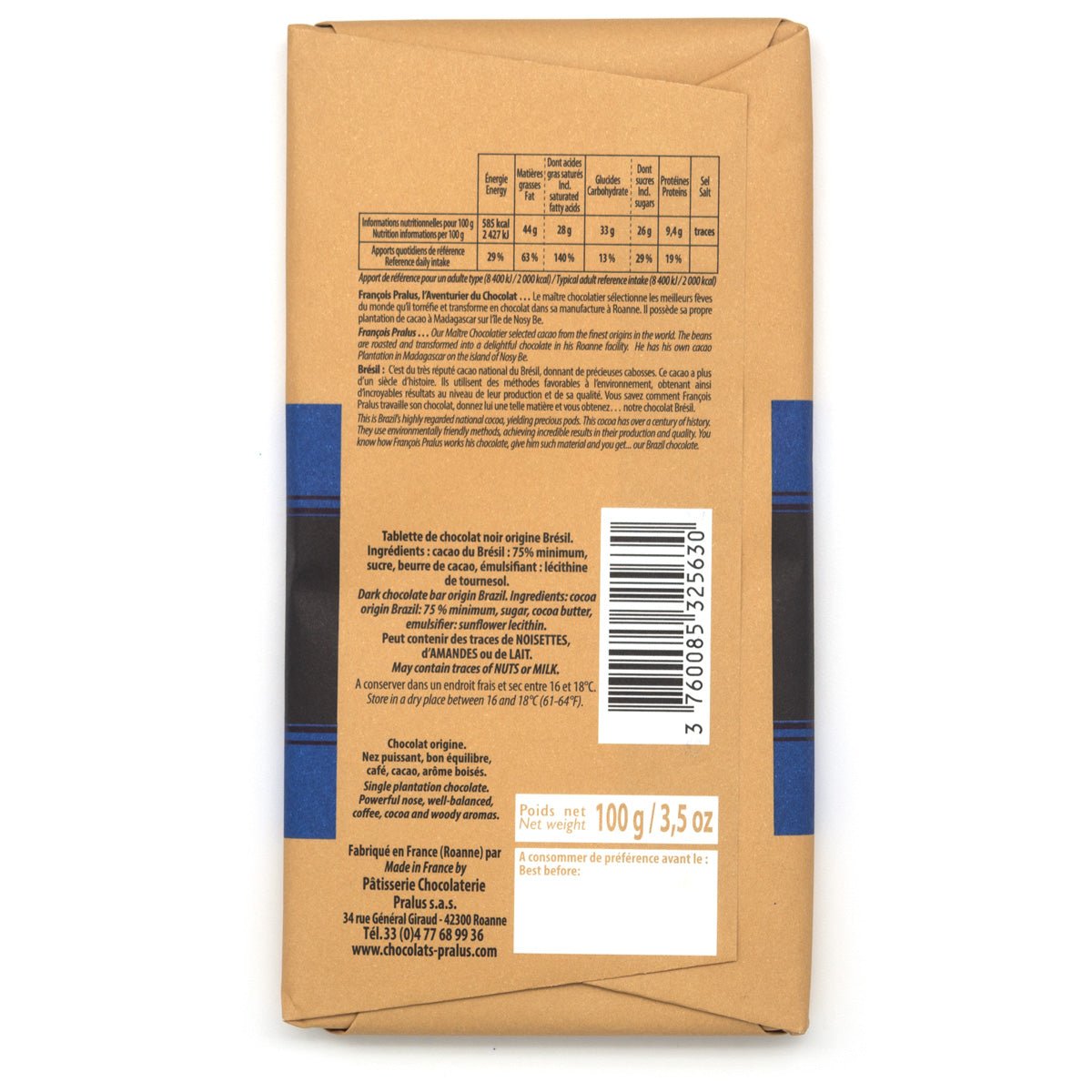 Pralus Bresil 75% Single Origin Dark Chocolate Bar - 100g