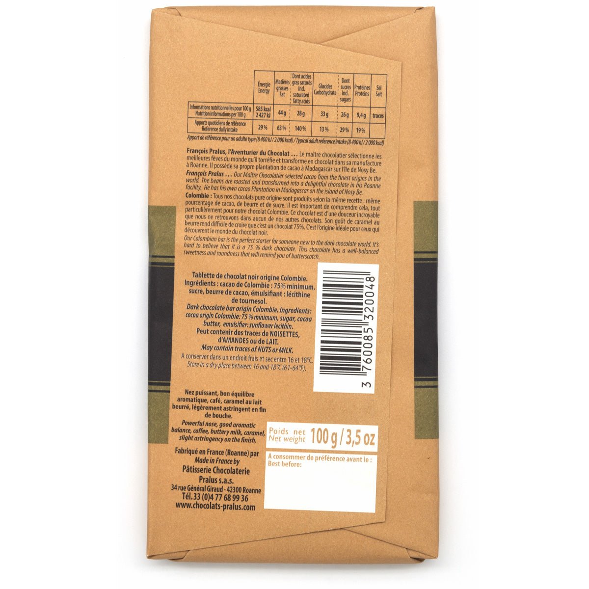 Pralus Colombie 75% Single Origin Dark Chocolate Bar - 100g