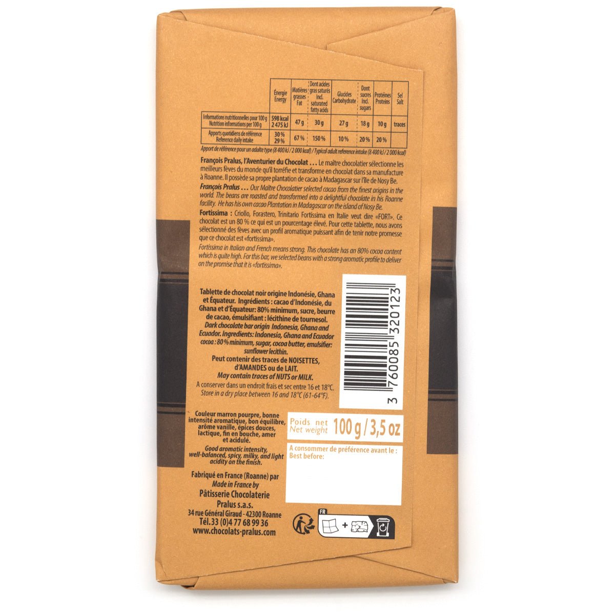 Pralus Fortissima 80% Single Origin Dark Chocolate Bar - 100g