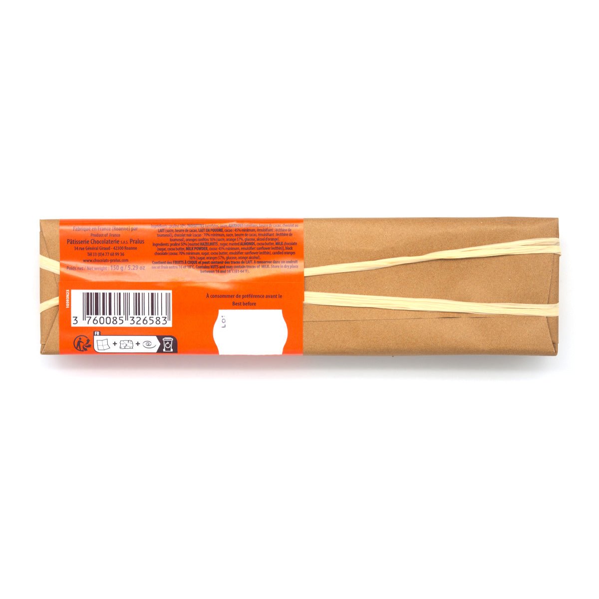 Pralus Infernale Orange 75% Dark Chocolate with Orange & Praline Bar - 150g