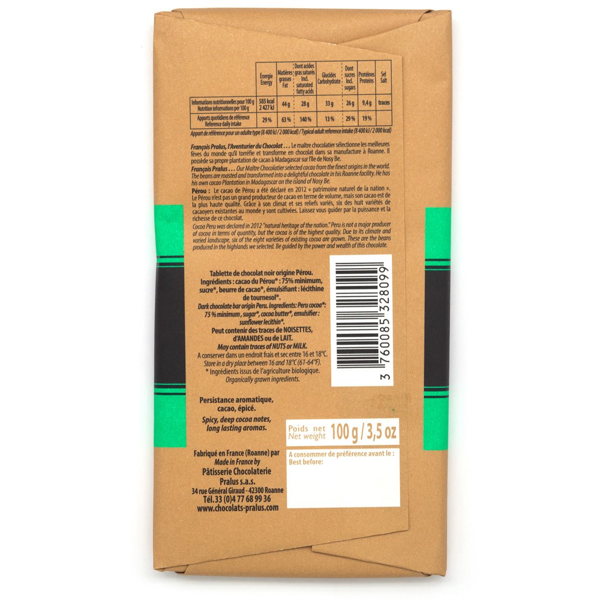 Pralus Perou BIO 75% Single Origin Dark Chocolate Bar - 100g