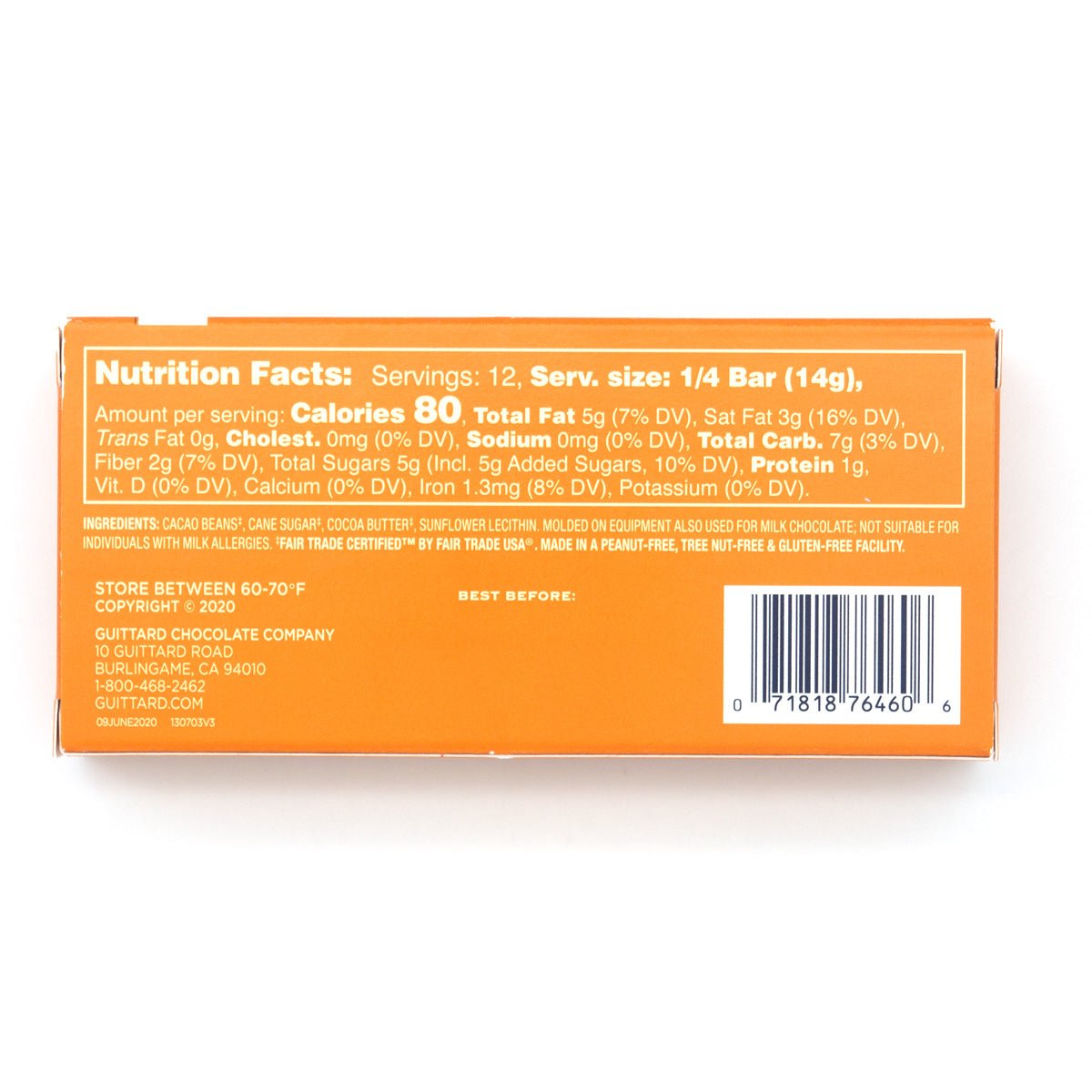 Nutrition facts label on an orange chocolate bar package with a white background