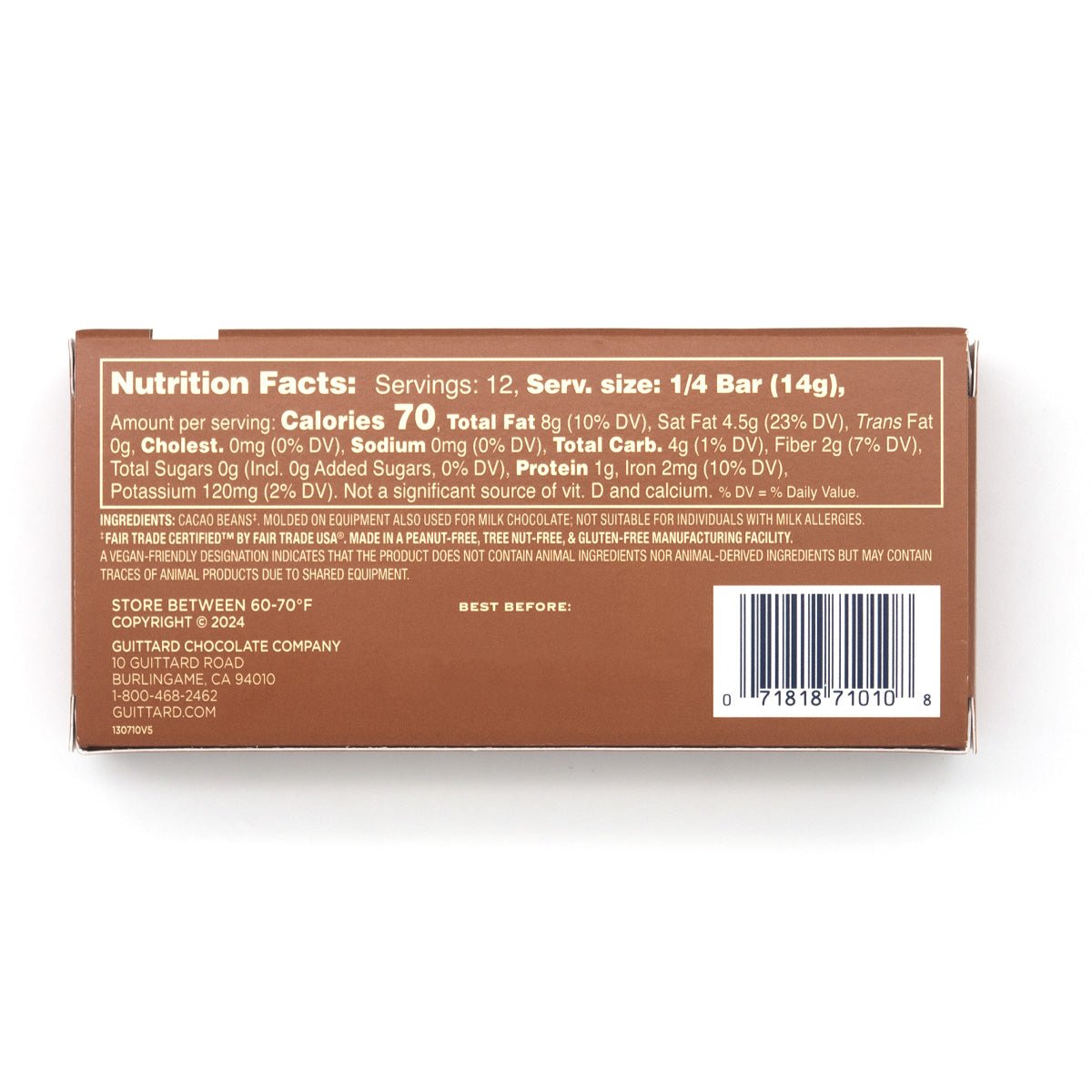 Back of a chocolate bar packaging with nutrition facts and barcode on a white background