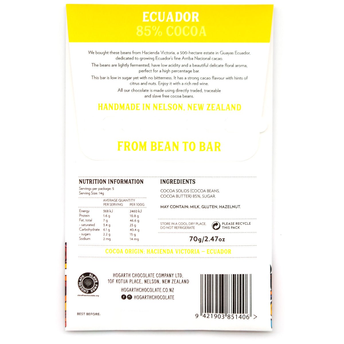 Hogarth Ecuador 85% Single Estate Dark Chocolate Bar - 70g