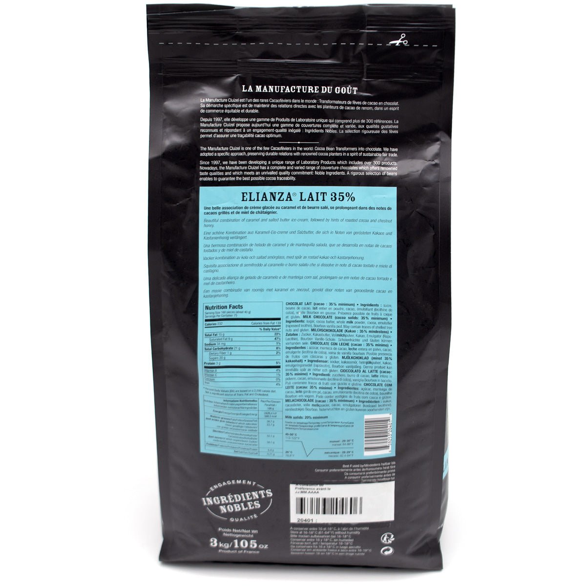 Back view of a black package with blue label containing nutritional information and branding details.