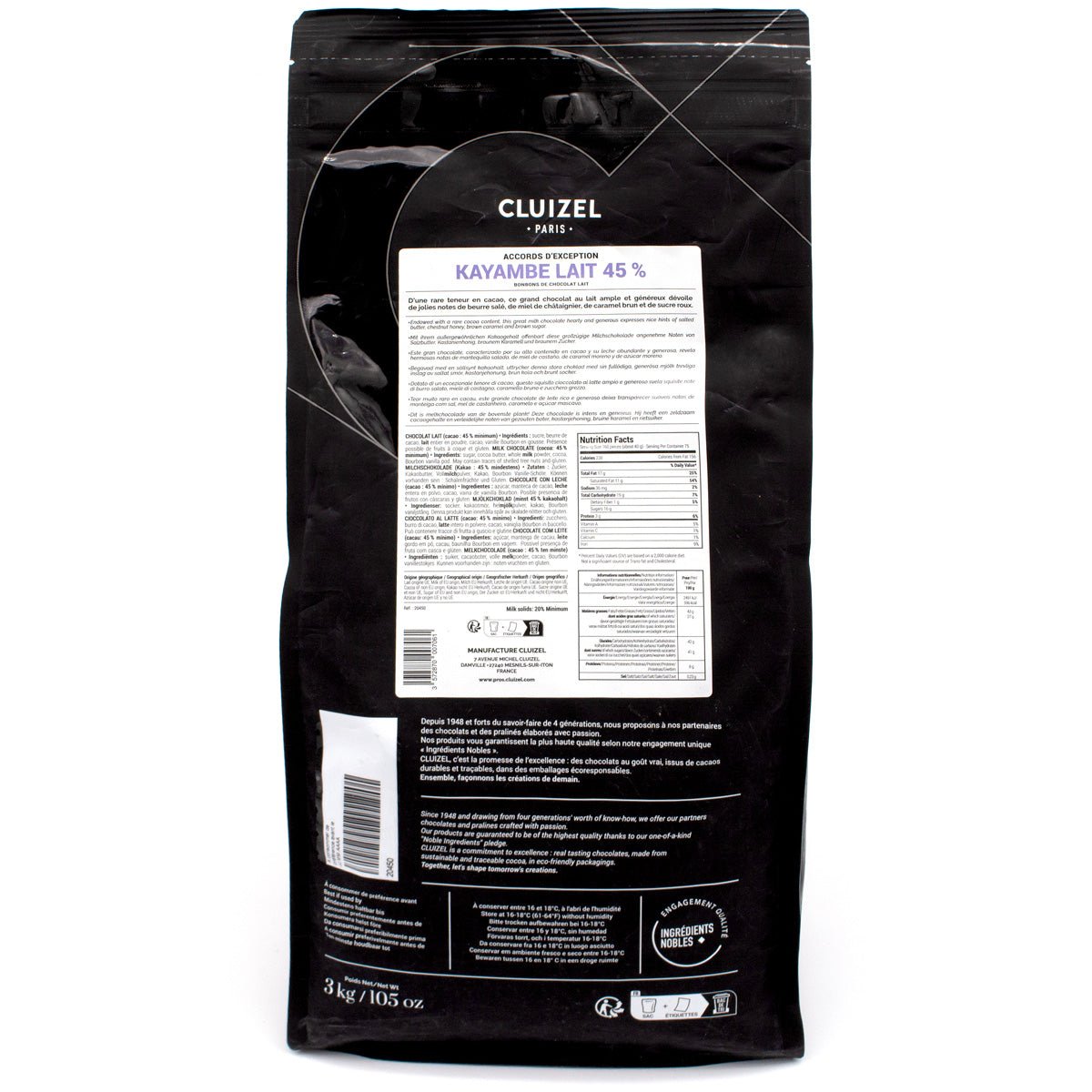 Black Cluizel chocolate packaging with visible branding and product details.
