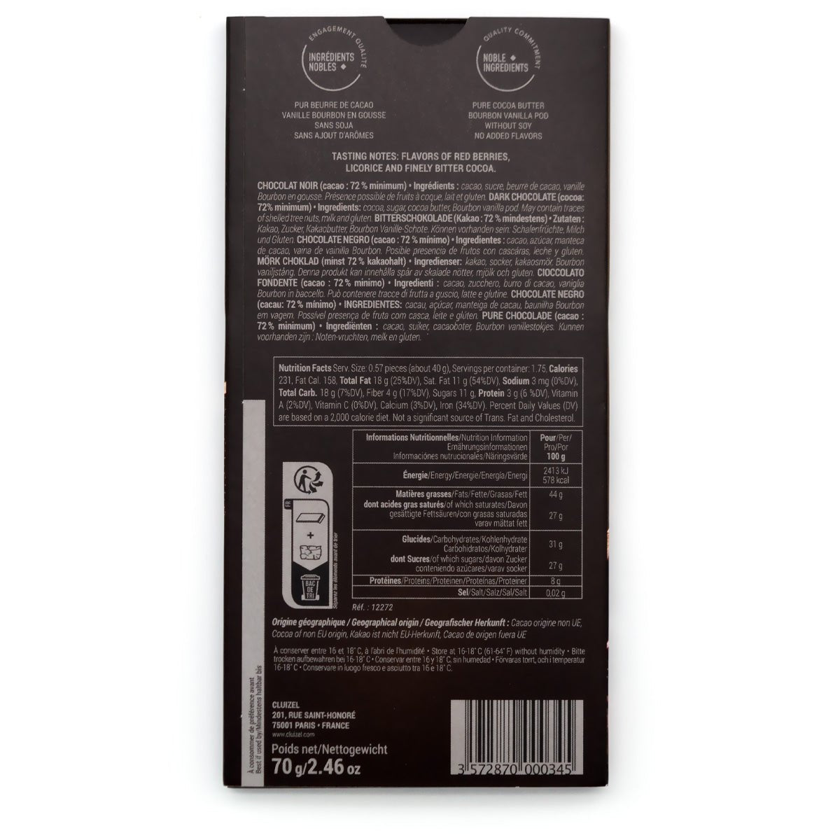 Michel Cluizel Kayambe Noir De Cacao 72% Dark Chocolate Bar - 70g