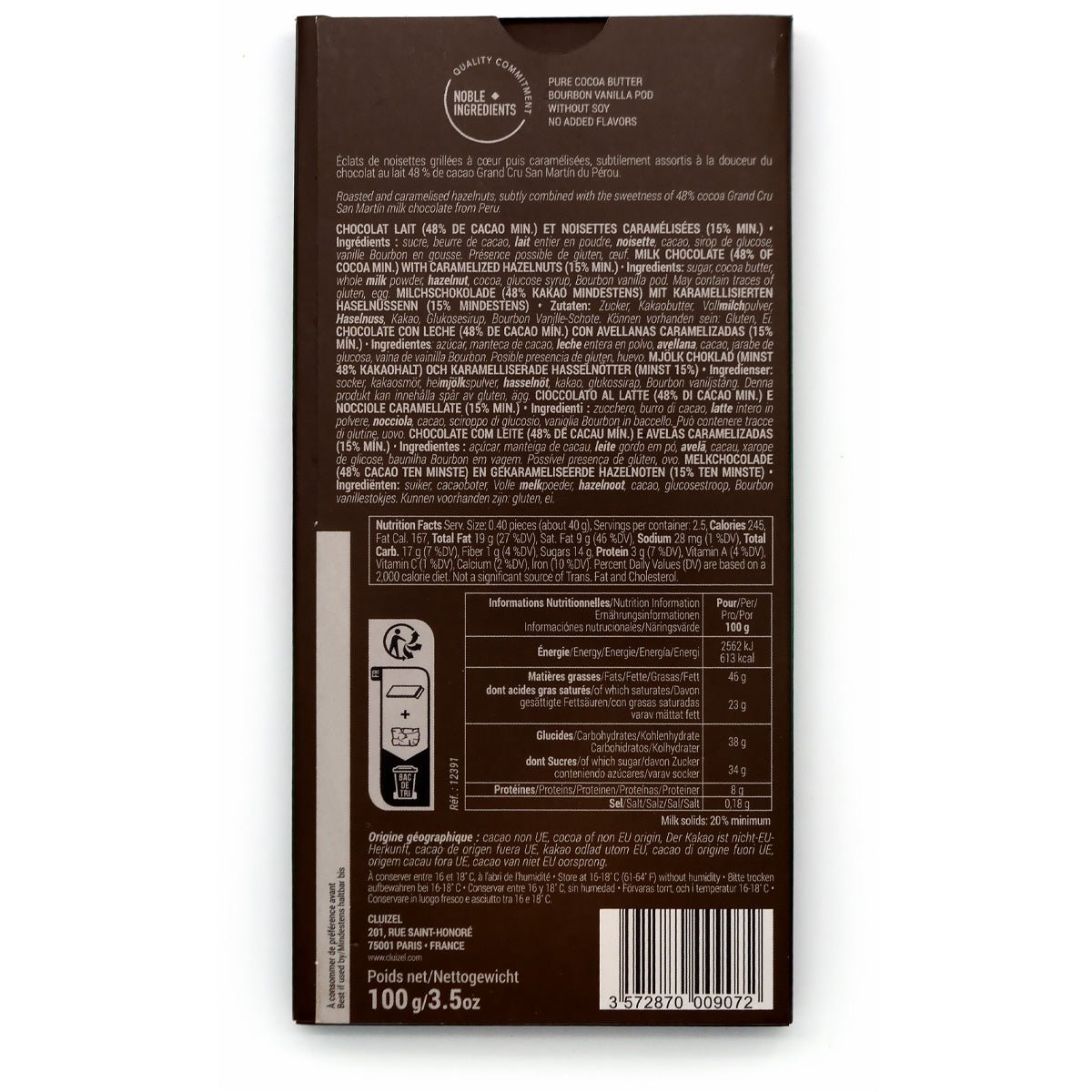 Chocolate bar packaging with detailed nutritional information on a white background