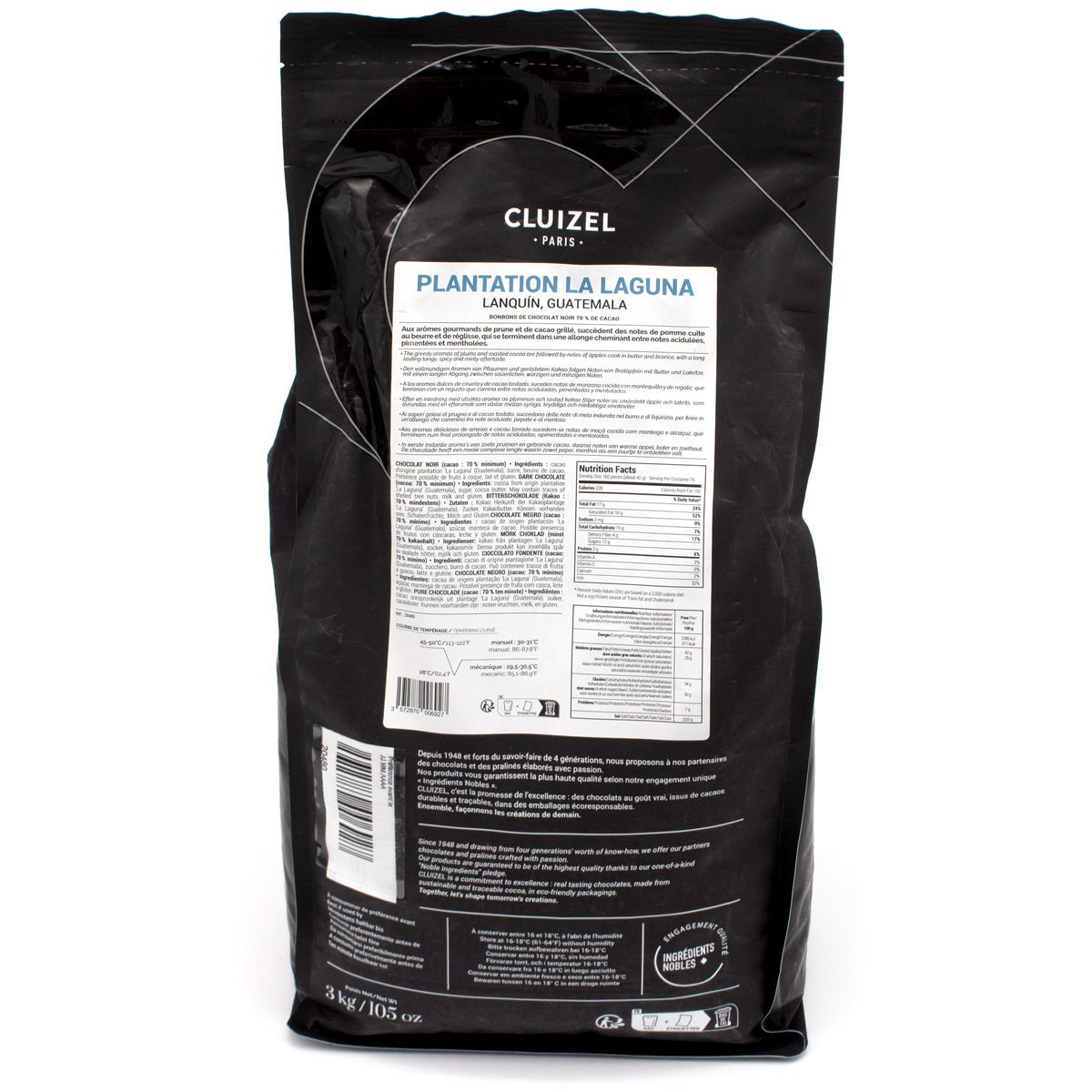 Black chocolate bag with a label on a white background
