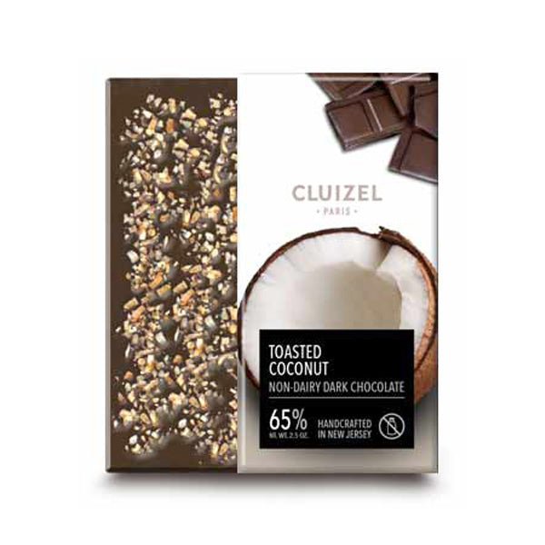 Cluizel toasted coconut non-dairy dark chocolate bar packaging on a white background