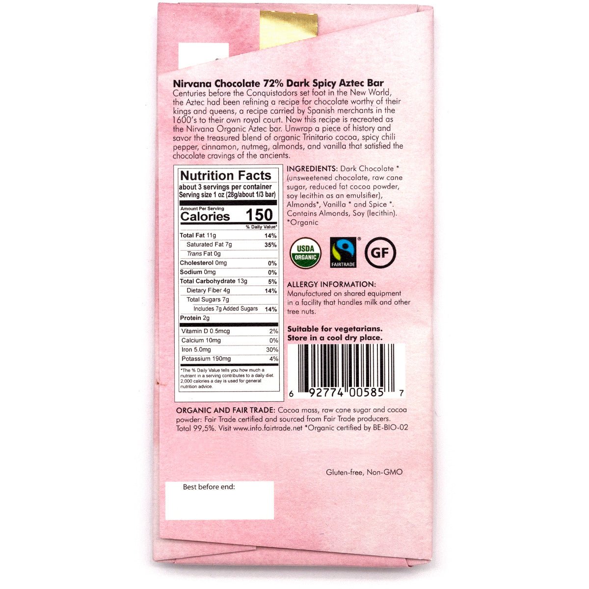 Nirvana Spicy Aztec Organic 72% Single Origin Dark Chocolate Bar - 100g