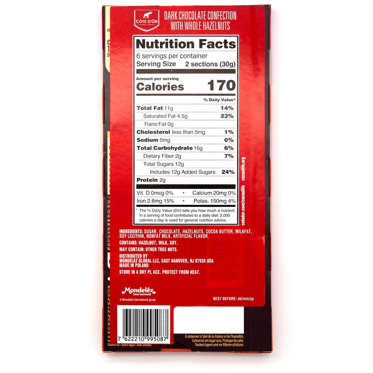 Cote d'Or Noir Noisettes 46% Dark Chocolate with Hazelnuts Bar - 180g