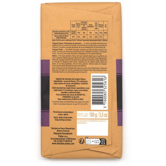 Pralus Ghana 75% Single Origin Dark Chocolate Bar - 100g