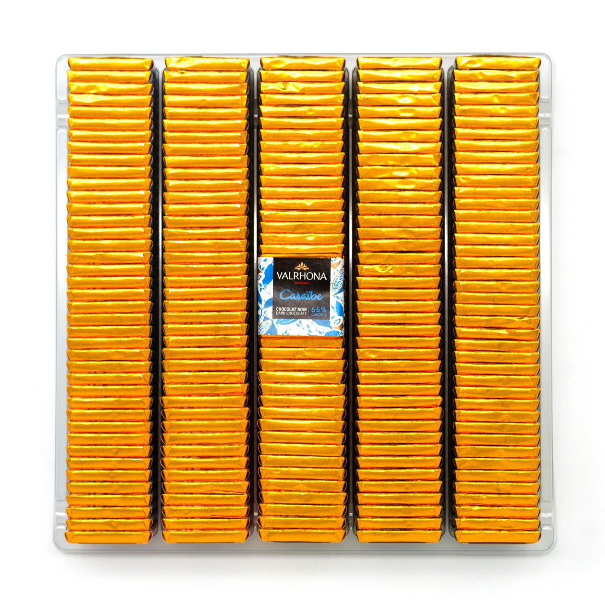 Packaging of Valrhona Caraibe chocolate squares on a white background