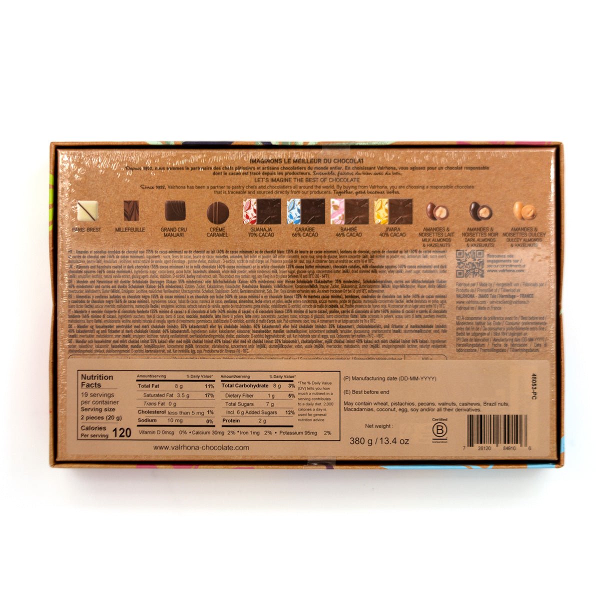 Box of chocolate with flavor chart on a white background