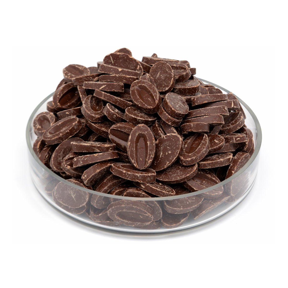 Glass bowl filled with chocolate feves on a white background