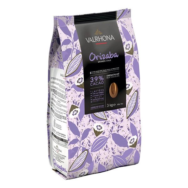Valrhona chocolate packaging with purple floral design on a white background