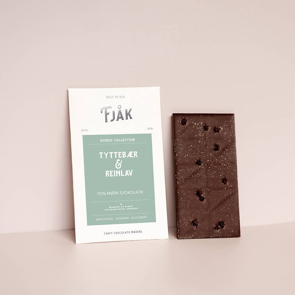 Chocolate bar with a packaging label on a light background