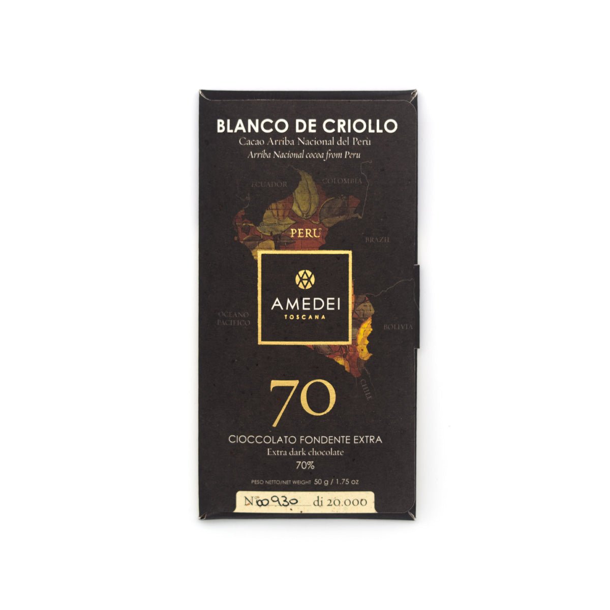 Packaging of Amedei Blanco de Criollo 70% Single Origin Dark Chocolate Bar, indicating it is a 50g bar with 70% cocoa solids and comes from Peru.