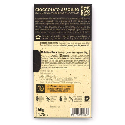 Back of Amedei Blanco de Criollo 70% chocolate bar packaging with text and nutrition facts.