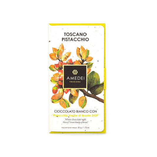 Amedei Toscano Pistacchio white chocolate bar packaging on a white background