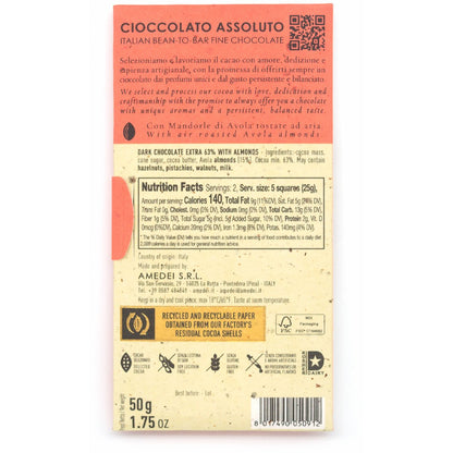 Amedei Cioccolato Fondente con Mandorle 63% Dark Chocolate & Almonds Bar - 50g (Past Date)
