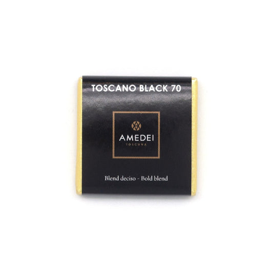 Packaging of Amedei Toscano Black 70% Dark Chocolate Napolitain with brand logo visible.