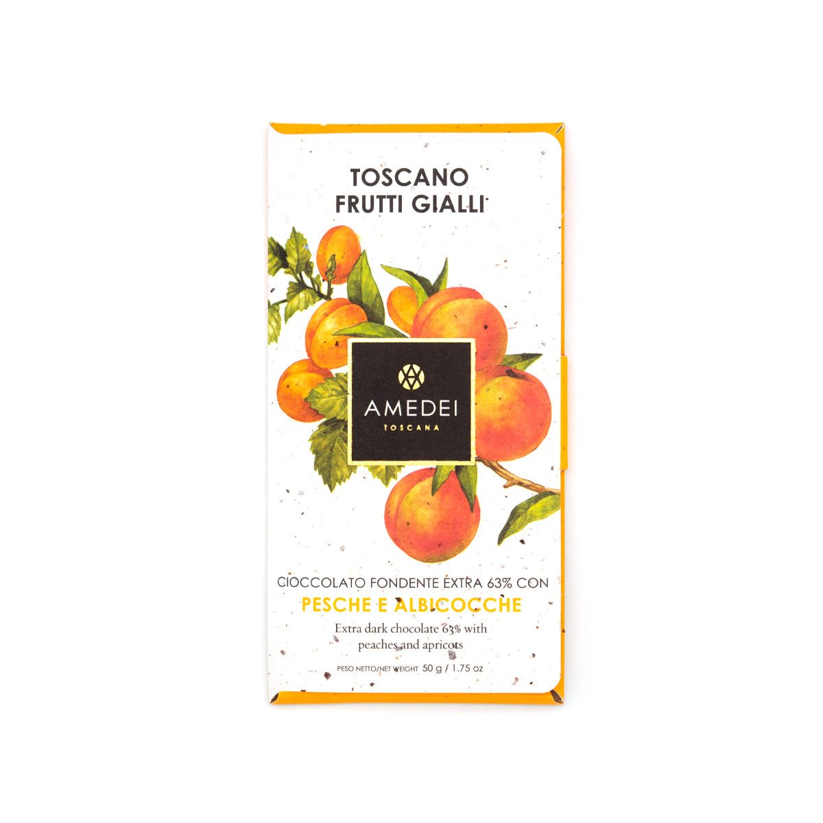 Packaging of Amedei Toscano Blond dark chocolate bar with yellow fruits illustration.