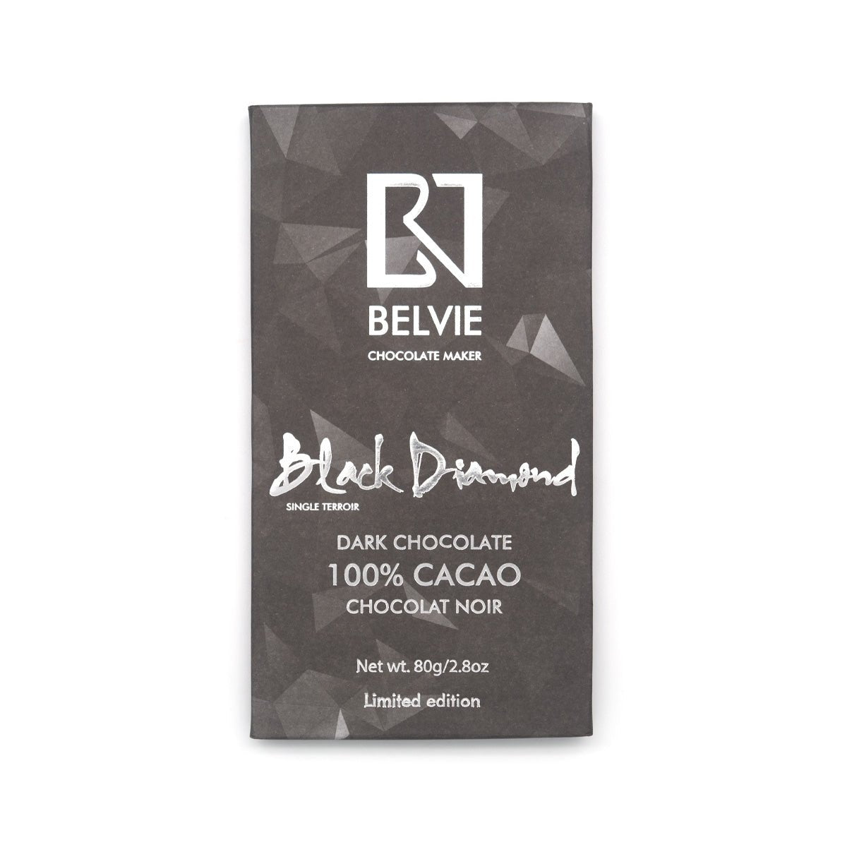 "Black Diamond" Dark chocolate bar packaging with Belvie branding on a white background