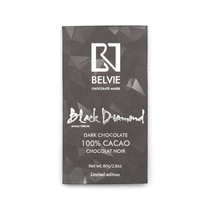 "Black Diamond" Dark chocolate bar packaging with Belvie branding on a white background