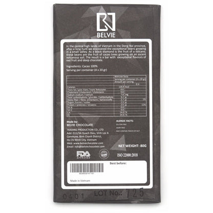 Belvie chocolate bar packaging with nutritional information and branding details.