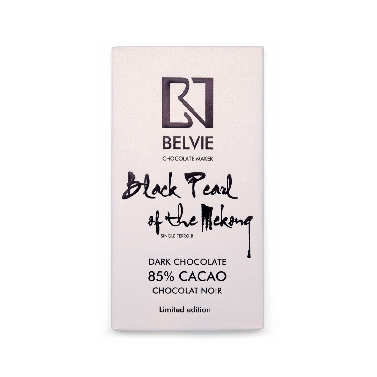 Belvie chocolate bar packaging with branding and product details on a white background