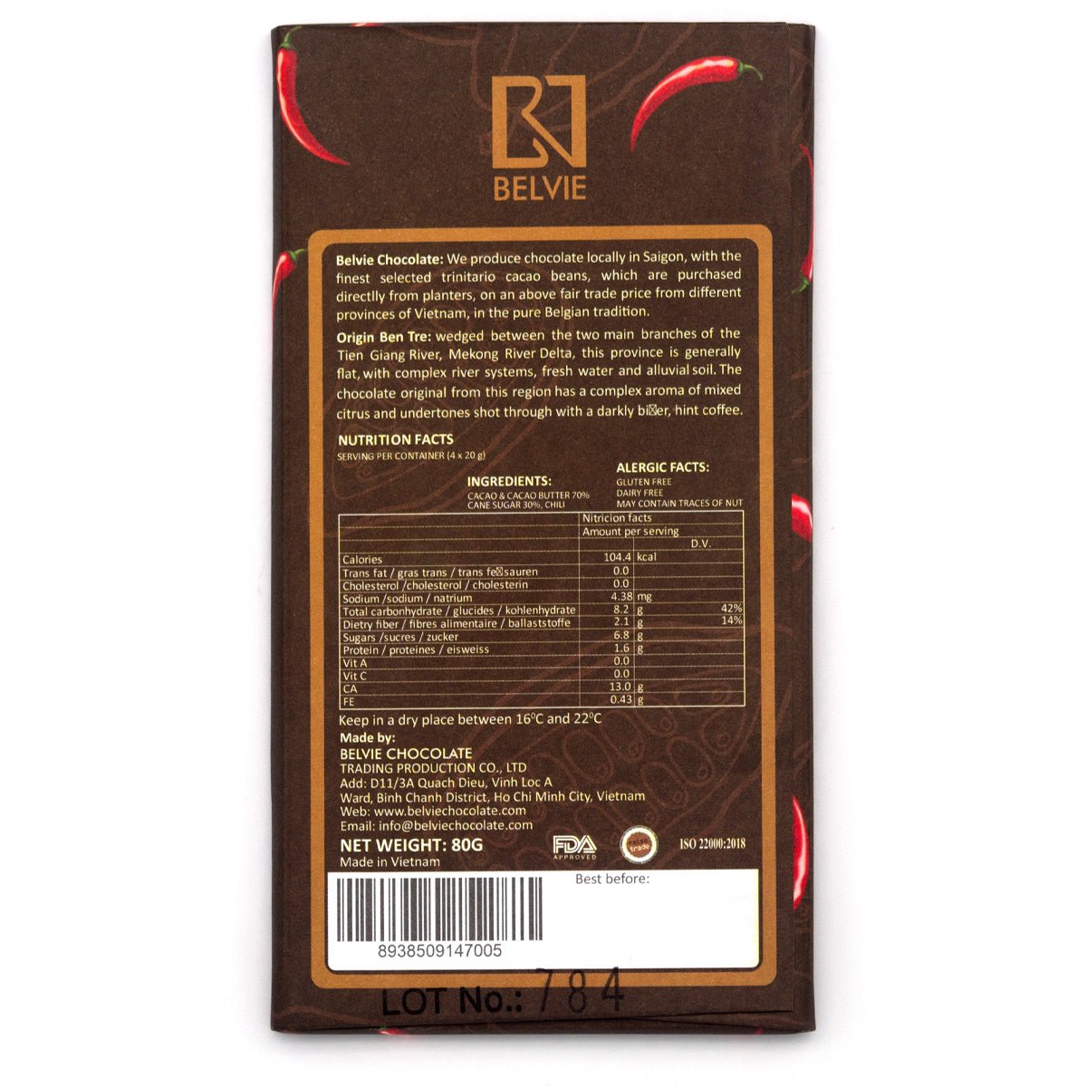 Back view of a Belvie chocolate bar packaging with text and branding.