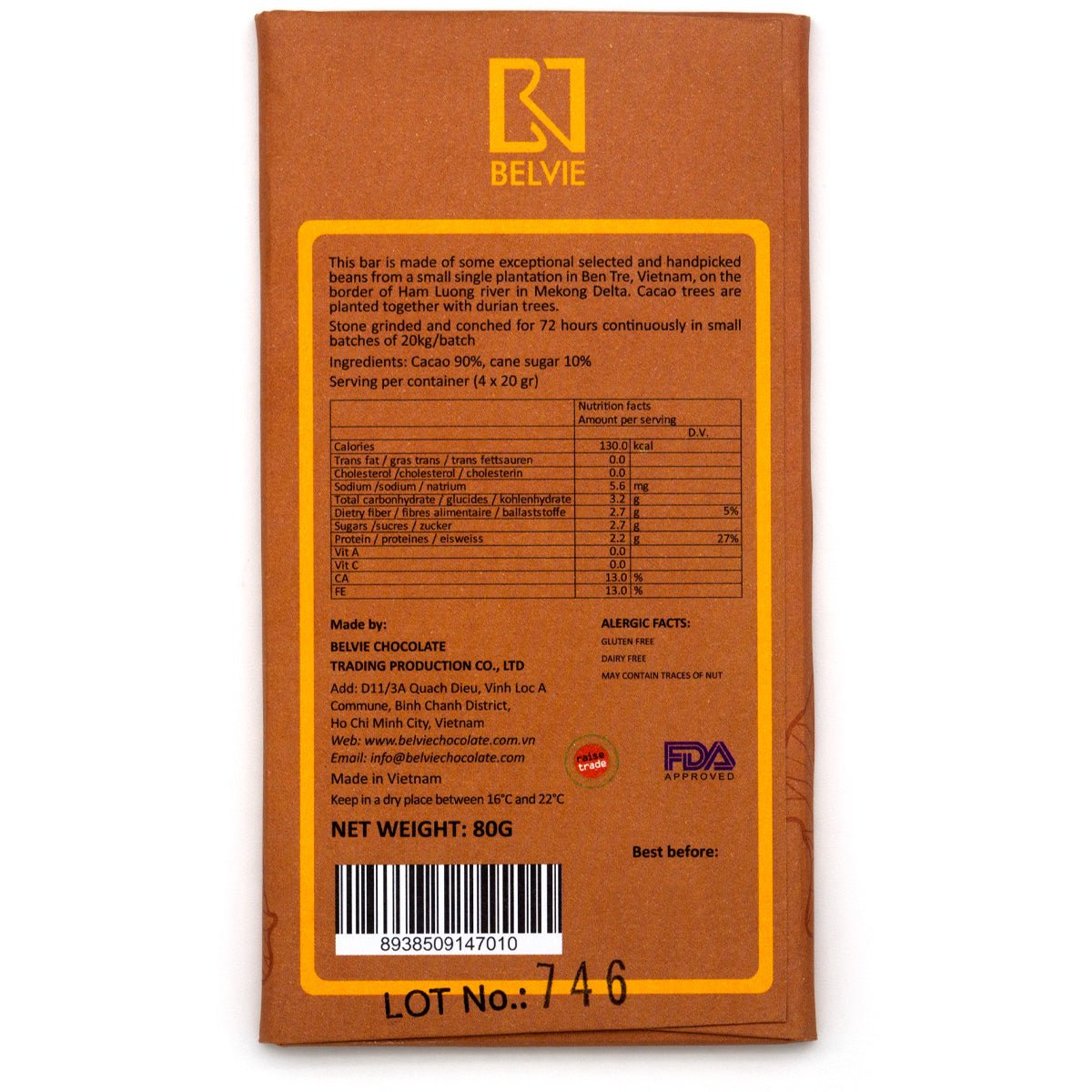 Back of a Belvie chocolate bar packaging with text and branding.