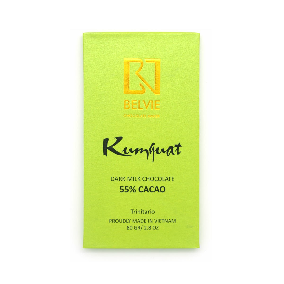 Green chocolate bar packaging with Belvie branding and 'Kumquat' flavor details on a white background