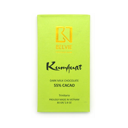 Green chocolate bar packaging with Belvie branding and 'Kumquat' flavor details on a white background